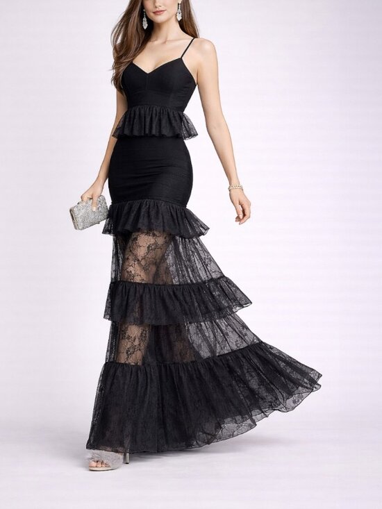 Dresses & Skirts - Tiered Lace Spliced Sheer Evening Gown Boutique Ruffle Bandage Maxi Dress S & L